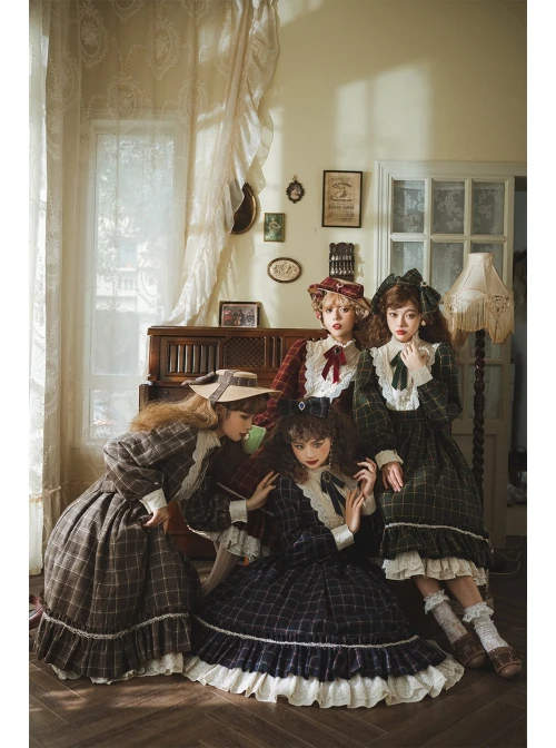 Elegant Vintage Check Woolen Fabric Ruched Ruffled Lace Trim White Lace Jacquard V Neckline Classic Lolita Long Sleeve Dress 7 Elegant Vintage Check Woolen Fabric Ruched Ruffled Lace Trim White Lace Jacquard V Neckline Classic Lolita Long Sleeve Dress - Image 5