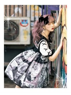 Little Tengu Series OP Doll Collar Printing Black Cute Gothic Lolita Short Sleeve Dress -MIMY Lolita Shop 12 500x672 10