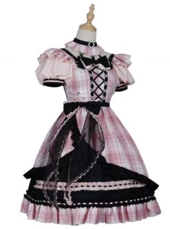 Tsubaki Sakura Series OP Idol Singing Clothes Black Sweet Pink Plaid Sweet Lolita Short Sleeve Dress -MIMY Lolita Shop 12 500x672 18