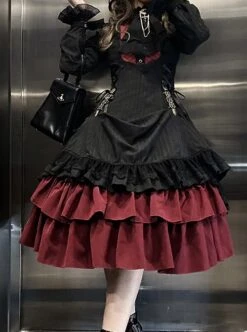 Gothic Style Pure Color Retro Elegant Stand Collar Striped Gothic Lolita Slim Fit Long Sleeve Dress -MIMY Lolita Shop 12 500x672 2