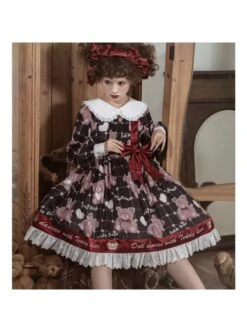 Doll Bear Series OP Doll Collar Cute Bears Printing Sweet Lolita Long Sleeve Dress -MIMY Lolita Shop 12 500x672 29