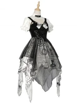 Black White Alice Series OP Retro Splicing Irregular Hem Punk Lolita Short Sleeve Dress -MIMY Lolita Shop 12 500x672 48