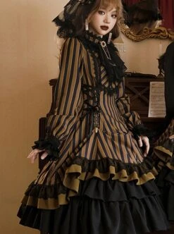Gothic Style Elegant Retro Stand Collar Stripe Contrasting Color Slim Fit Gothic Lolita Long Sleeve Dress -MIMY Lolita Shop 12 500x672 9