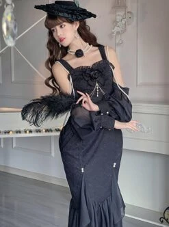 Camellia Series Elegant Black Rose Flower Bow Bead Chain Decoration Irregular Fishtail Hem Gothic Lolita Dress -MIMY Lolita Shop 13 500x672 13