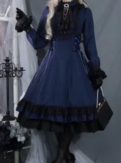 Gothic Style Pure Color Retro Elegant Stand Collar Striped Gothic Lolita Slim Fit Long Sleeve Dress -MIMY Lolita Shop 13 500x672 2