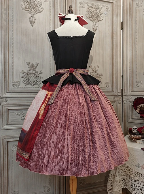 Gothic Strange Circus Skeleton Pattern Print Trim Tight Velvet Vest Pleated Hem Cross Straps Belt Lolita Dress 6 Gothic Strange Circus Skeleton Pattern Print Trim Tight Velvet Vest Pleated Hem Cross Straps Belt Lolita Dress - Image 4