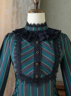Gothic Style Elegant Retro Stand Collar Stripe Contrasting Color Slim Fit Gothic Lolita Long Sleeve Dress -MIMY Lolita Shop 13 500x672 8