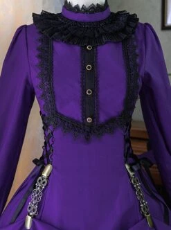 Gothic Style Pure Color Retro Elegant Stand Collar Striped Gothic Lolita Slim Fit Long Sleeve Dress -MIMY Lolita Shop 14 500x672 2