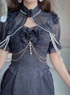 Camellia Series Elegant Black Rose Flower Bow Bead Chain Decoration Irregular Fishtail Hem Gothic Lolita Dress -MIMY Lolita Shop 14 500x672 9