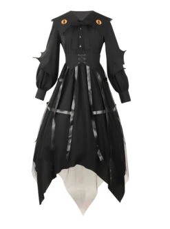 Cat-eye Series OP Black Halloween Darkness Retro Irregular Hem Gothic Lolita Long Sleeve Dress -MIMY Lolita Shop 15 500x672 1