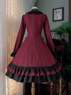 Gothic Style Pure Color Retro Elegant Stand Collar Striped Gothic Lolita Slim Fit Long Sleeve Dress -MIMY Lolita Shop 15 500x672 2