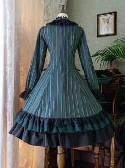Gothic Style Elegant Retro Stand Collar Stripe Contrasting Color Slim Fit Gothic Lolita Long Sleeve Dress -MIMY Lolita Shop 15 500x672 6