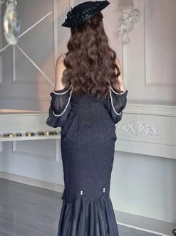 Camellia Series Elegant Black Rose Flower Bow Bead Chain Decoration Irregular Fishtail Hem Gothic Lolita Dress -MIMY Lolita Shop 15 500x672 8