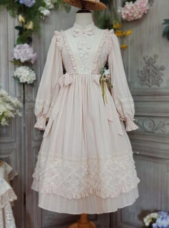 Classic Lolita Simple Jacquard Lace Embroidery Pleated Ruffle Pure Cotton Bow Brooch Decoration Long Sleeves Dress -MIMY Lolita Shop 1660285660 OkA 500x672 1