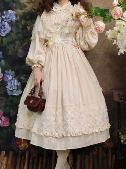 Classic Lolita Simple Jacquard Lace Embroidery Pleated Ruffle Pure Cotton Bow Brooch Decoration Long Sleeves Dress -MIMY Lolita Shop 1660285666 Zfr 500x672 1