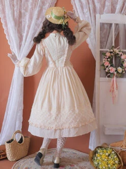 Classic Lolita Simple Jacquard Lace Embroidery Pleated Ruffle Pure Cotton Bow Brooch Decoration Long Sleeves Dress -MIMY Lolita Shop 1660285677 CoA 500x672 1