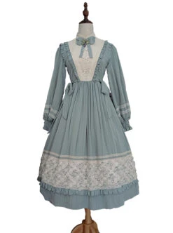 Classic Lolita Simple Jacquard Lace Embroidery Pleated Ruffle Pure Cotton Bow Brooch Decoration Long Sleeves Dress -MIMY Lolita Shop 1660285719 cpC 500x672 1