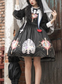 Withered Bone Flower Print Two Tone Removable Fake Collar Design Crucifix Love Decoration Lantern Sleeve Halloween Gothic Lolita Long Sleeve Dress -MIMY Lolita Shop 1665382846 Enj 500x672 1