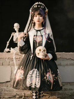 Withered Bone Flower Print Two Tone Removable Fake Collar Design Crucifix Love Decoration Lantern Sleeve Halloween Gothic Lolita Long Sleeve Dress -MIMY Lolita Shop 1665382856 ZIF 500x672 1