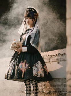 Withered Bone Flower Print Two Tone Removable Fake Collar Design Crucifix Love Decoration Lantern Sleeve Halloween Gothic Lolita Long Sleeve Dress -MIMY Lolita Shop 1665382865 iZX 500x672 1