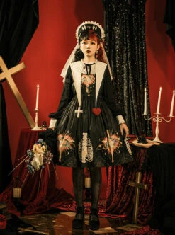 Withered Bone Flower Print Two Tone Removable Fake Collar Design Crucifix Love Decoration Lantern Sleeve Halloween Gothic Lolita Long Sleeve Dress -MIMY Lolita Shop 1665382892 Gap 500x672 1