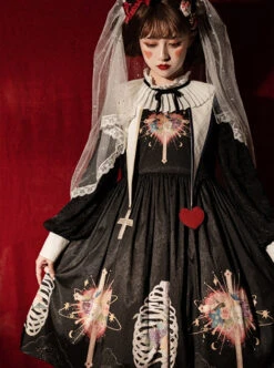 Withered Bone Flower Print Two Tone Removable Fake Collar Design Crucifix Love Decoration Lantern Sleeve Halloween Gothic Lolita Long Sleeve Dress -MIMY Lolita Shop 1665382897 9w2 500x672 1