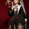 Withered Bone Flower Print Two Tone Removable Fake Collar Design Crucifix Love Decoration Lantern Sleeve Halloween Gothic Lolita Long Sleeve Dress -MIMY Lolita Shop 1665382904 Zsa 500x672 1