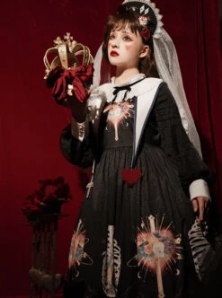 Withered Bone Flower Print Two Tone Removable Fake Collar Design Crucifix Love Decoration Lantern Sleeve Halloween Gothic Lolita Long Sleeve Dress