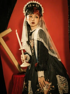 Withered Bone Flower Print Two Tone Removable Fake Collar Design Crucifix Love Decoration Lantern Sleeve Halloween Gothic Lolita Long Sleeve Dress -MIMY Lolita Shop 1665382911 EX4 500x672 1