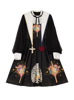 Withered Bone Flower Print Two Tone Removable Fake Collar Design Crucifix Love Decoration Lantern Sleeve Halloween Gothic Lolita Long Sleeve Dress -MIMY Lolita Shop 1665382917 THs 500x672 1