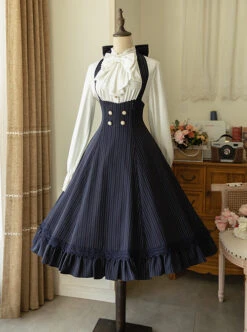 Elegant Slim Fit Detachable Halter Large Bow Striped Pocket Two-Wear Sling Classic Lolita Dress -MIMY Lolita Shop 1676360549 ac2 500x672 1