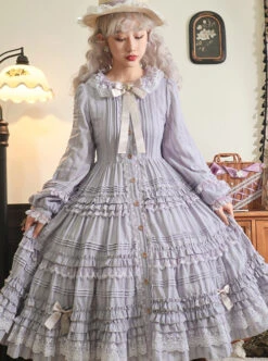 Retro Style Blue Layered Pleated Hem Design Elegant Bow Knots Decoration Long Sleeves Classic Lolita Dress -MIMY Lolita Shop 1684741749 cvf 500x672 1