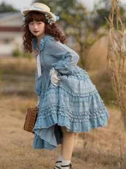 Retro Style Blue Layered Pleated Hem Design Elegant Bow Knots Decoration Long Sleeves Classic Lolita Dress -MIMY Lolita Shop 1684741808 HEy 500x672 1