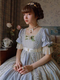 Sally Garden Series Daily Imperial Style Square Neckline High Waist Lotus Short Sleeves Small Floral Embroidery Long Dress OP -MIMY Lolita Shop 1702634116 jMT 500x672 1