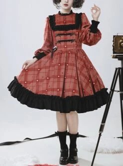 Love Rosehip Series Little Heart Shape Berry Red Plaid Print Spliced Black Lace Sweet Lolita Lamb Leg Sleeves Dress -MIMY Lolita Shop 1707095603 6LF 500x672 1