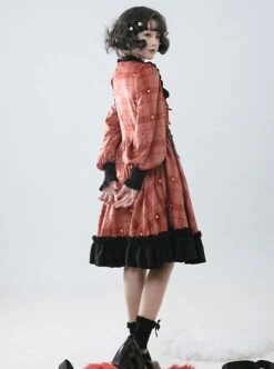 Love Rosehip Series Little Heart Shape Berry Red Plaid Print Spliced Black Lace Sweet Lolita Lamb Leg Sleeves Dress -MIMY Lolita Shop 1707095631 nGo 500x672 1
