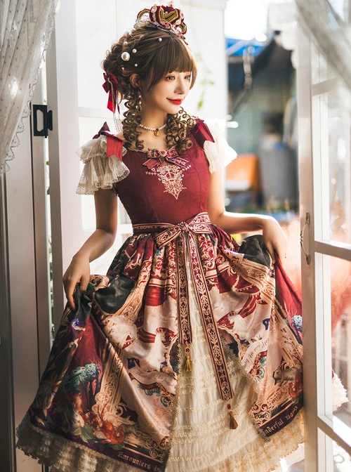 Wanhua Mirror Series Classical Elegant Square Neck Small Fly Sleeve Design Retro Oil Painting Print Ruffle Hem Classic Lolita Short Sleeve Dress 5 Wanhua Mirror Series Classical Elegant Square Neck Small Fly Sleeve Design Retro Oil Painting Print Ruffle Hem Classic Lolita Short Sleeve Dress - Image 3