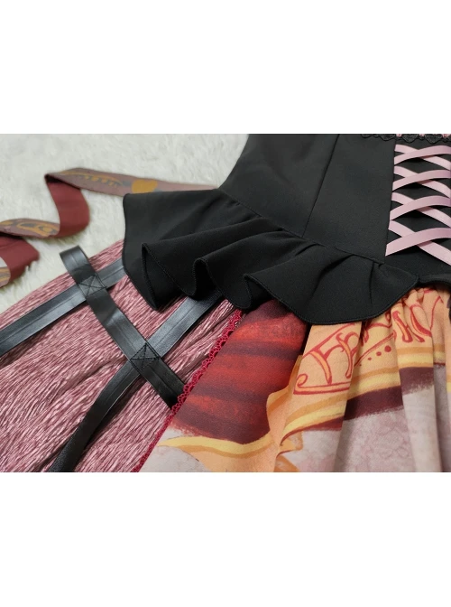 Gothic Strange Circus Skeleton Pattern Print Trim Tight Velvet Vest Pleated Hem Cross Straps Belt Lolita Dress 18 Gothic Strange Circus Skeleton Pattern Print Trim Tight Velvet Vest Pleated Hem Cross Straps Belt Lolita Dress - Image 16