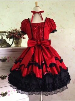 Sweet Short Sleeves Red And Black Lace Cotton Lolita Dress -MIMY Lolita Shop 1 302 500x672 1
