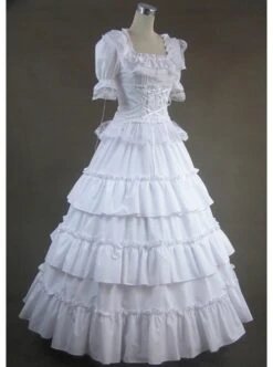 White Short Sleeves Floral Double-Layer Lace Trim Cotton Lolita Prom Dress