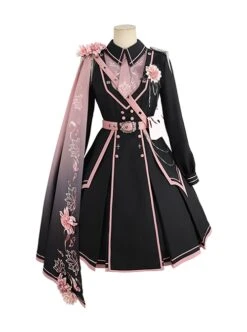 Sakura Theme Black Pink Gradient Sweet Cool Military Lolita Sweet Side Shoulder 3D Flowers Cloak Long Sleeves Dress Set -MIMY Lolita Shop 2 500x672 10