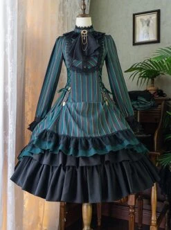 Gothic Style Elegant Retro Stand Collar Stripe Contrasting Color Slim Fit Gothic Lolita Long Sleeve Dress -MIMY Lolita Shop 2 500x672 101