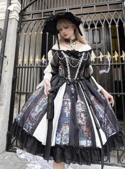 Black Classical Palace Style Gorgeous Colorful Windows Retro Lace Necklace Hat Gothic Lolita Long Sleeves Dress Set -MIMY Lolita Shop 2 500x672 103