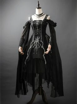 Horus Series Dark Black Gothic Noble Snake Blade Silver Embroidery Necklace Sleeveless Dress Match Wrist Sleeves Set -MIMY Lolita Shop 2 500x672 115