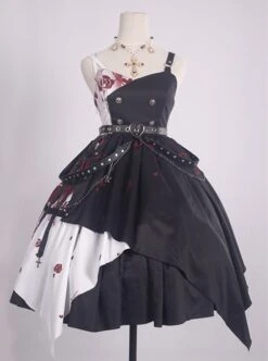 Thorn Rose Series Black White Contrasting Color Rose Thorn Print Irregular Hem Metal Chain Belt Decoration Gothic Lolita Sleeveless Dress -MIMY Lolita Shop 2 500x672 116