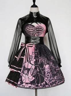 Sweet Cool Style Stand Collar PU Long-Sleeved Short Coat Black Powder Color Matching Bear Doll Print Gothic Lolita Sleeveless Dress Set 8 Sweet Cool Style Stand Collar PU Long-Sleeved Short Coat Black Powder Color Matching Bear Doll Print Gothic Lolita Sleeveless Dress Set -MIMY Lolita Shop 2 500x672 118