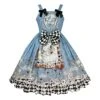 Gothic Style Alice Poker Black-White Plaid Printing Gray Blue Gothic Lolita Sleeveless Dress