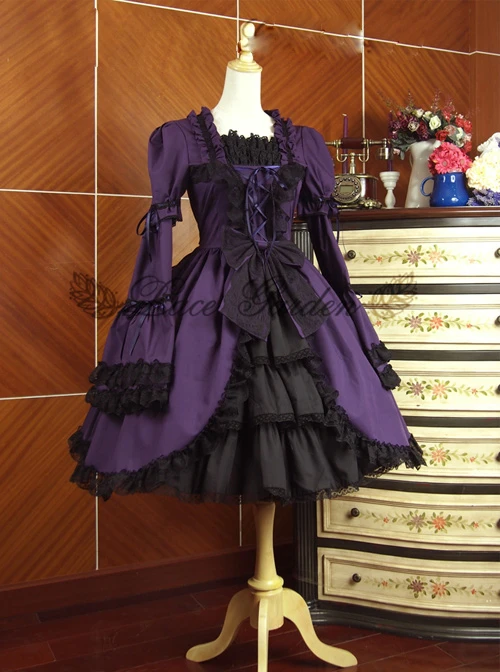 Retro Lace And Bind Strap Gothic Lolita Long Sleeve Dress 7 Retro Lace And Bind Strap Gothic Lolita Long Sleeve Dress - Image 5