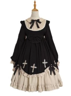 Starry Night Series Round Neck Bowknot Cute Girly Cross Embroidery Ruffle Hem Gothic Lolita Long Sleeve Dress -MIMY Lolita Shop 2 500x672 142