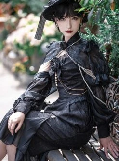 Camellia Series Elegant Black Rose Flower Bow Bead Chain Decoration Irregular Fishtail Hem Gothic Lolita Dress -MIMY Lolita Shop 2 500x672 144